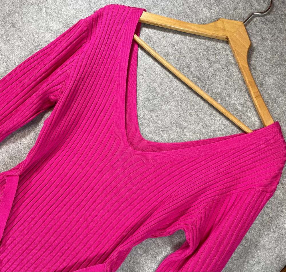 Almost Famous Women's Ribbed Long Sleeve Chain Detail Midi Dress Pink Size XL